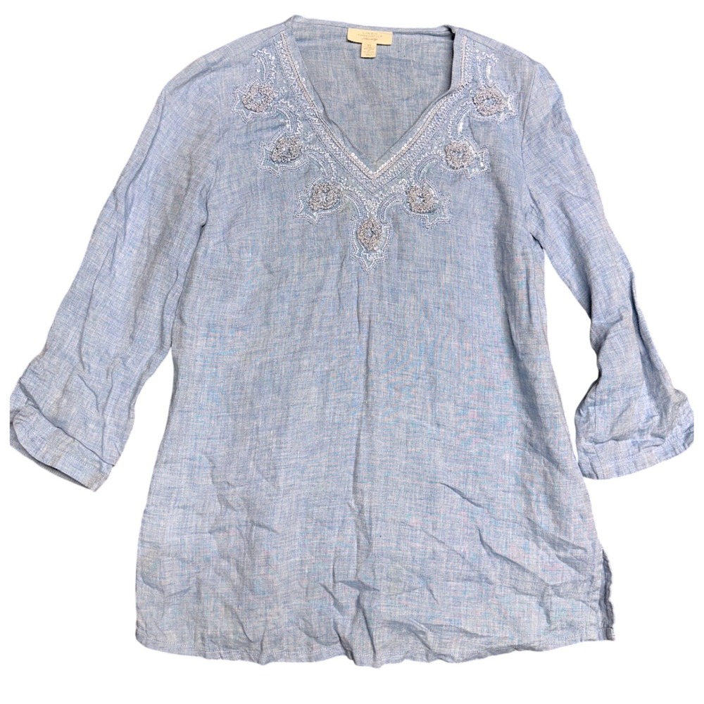 Blue linen blouse beaded embellished beach vacation euro summer coastal boho